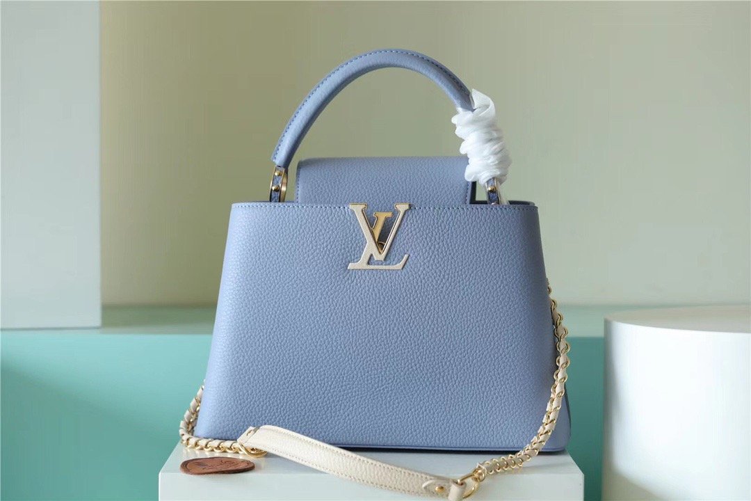 LV Capucines MM Taurillon Light Blue/ Beige For Women, Women’s Bags, Shoulder And Crossbody Bags 12.4in/31.5cm LV 