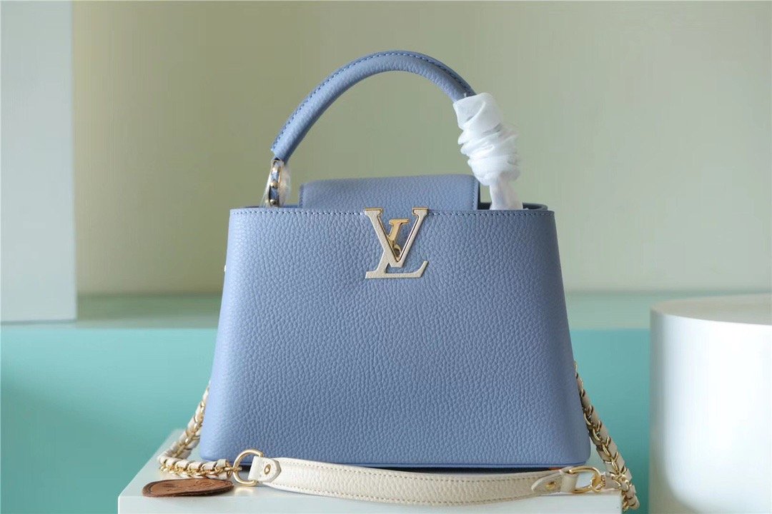 LV Capucines BB Taurillon Light Blue/ Beige For Women, Women’s Bags, Shoulder And Crossbody Bags 10.6in/27cm LV
