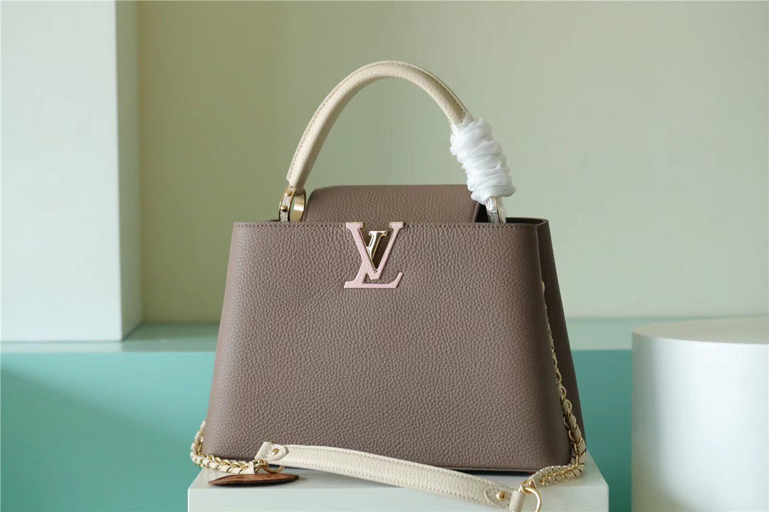 LV Capucines MM Taurillon Smokey Brown Green/ Creme/ Pink For Women, Women’s Bags, Shoulder And Crossbody Bags 12.4in/31.5cm LV M59516