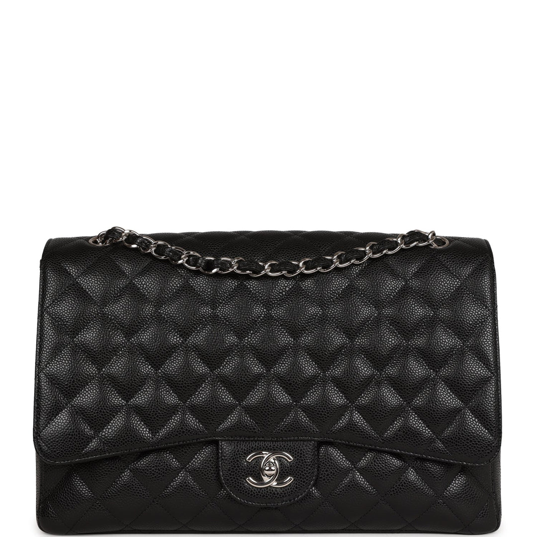 Chanel Maxi Classic Single Flap Bag Black Caviar Silver Hardware