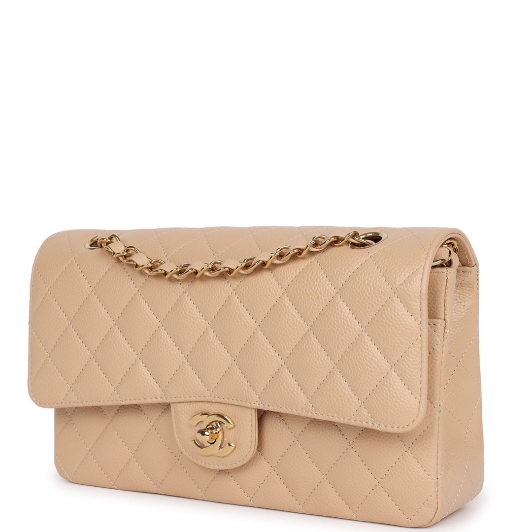 Chanel Medium Classic Double Flap Bag Beige Caviar Gold Hardware