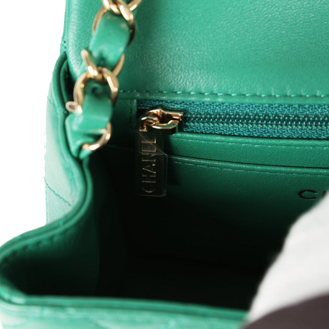 Chanel Mini Square Flap Bag Green Lambskin Gold Hardware