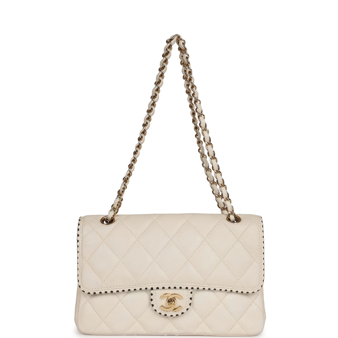 Chanel Vintage Medium Single Flap Bag White Lambskin Gold Hardware