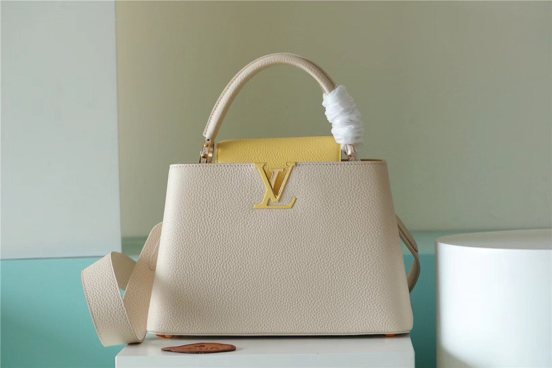 LV Capucines MM Taurillon Creme Beige/ Plume Yellow Berlingot For Women, Women’s Bags, Shoulder And Crossbody Bags 12.4in/31.5cm LV M59883