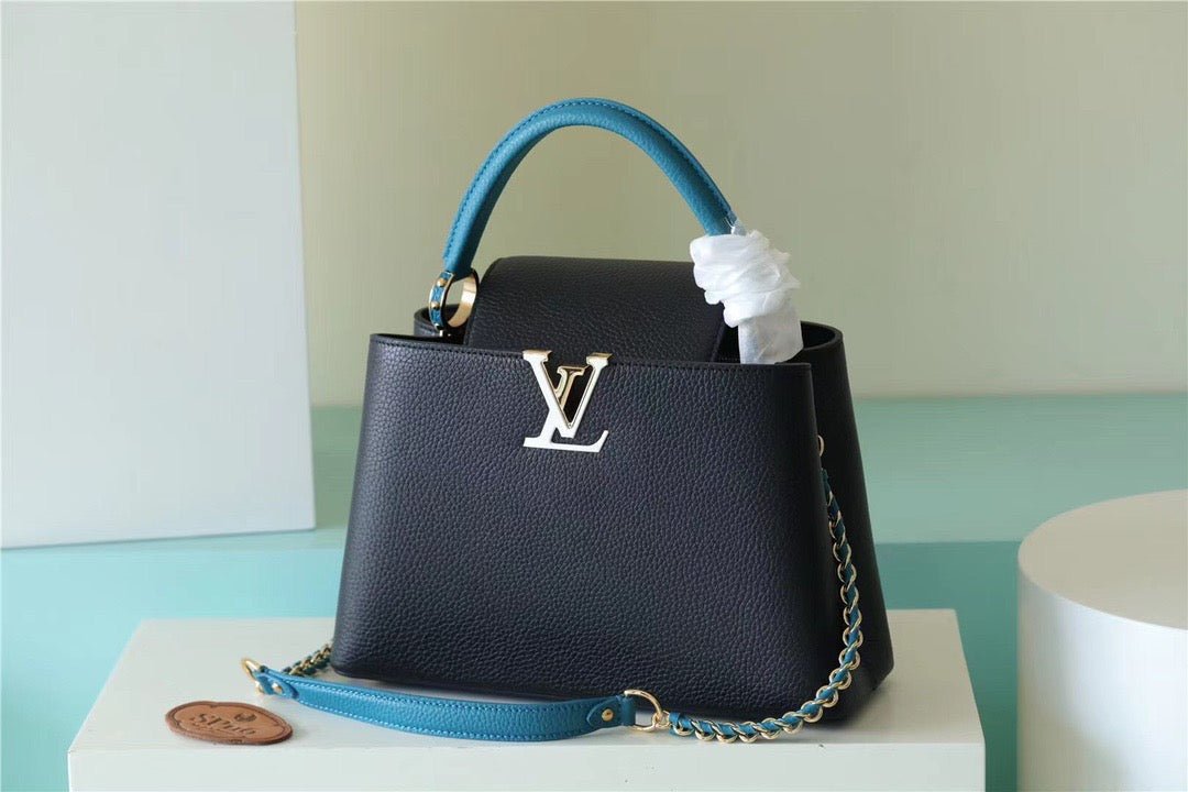 LV Capucines MM Taurillon Black/ Blue For Women, Women’s Bags, Shoulder And Crossbody Bags 12.4in/31.5cm LV 