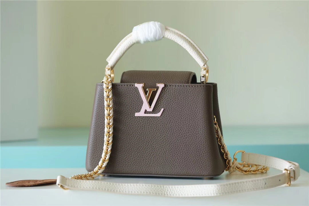 LV Capucines Mini Taurillon Smokey Brown Green/ Creme/ Pink For Women,  Shoulder And Crossbody Bags 21cm/8.3in LV