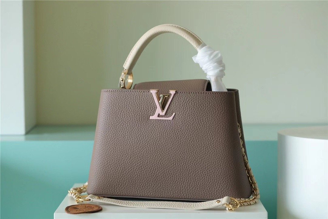 LV Capucines BB Taurillon Smokey Brown Green/ Creme/ Pink For Women, Women’s Bags, Shoulder And Crossbody Bags 10.6in/27cm LV