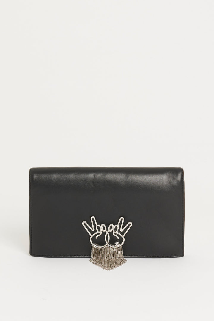 2016/17 Black Leather Preowned Clutch With Peace Emoji Fringed Detail