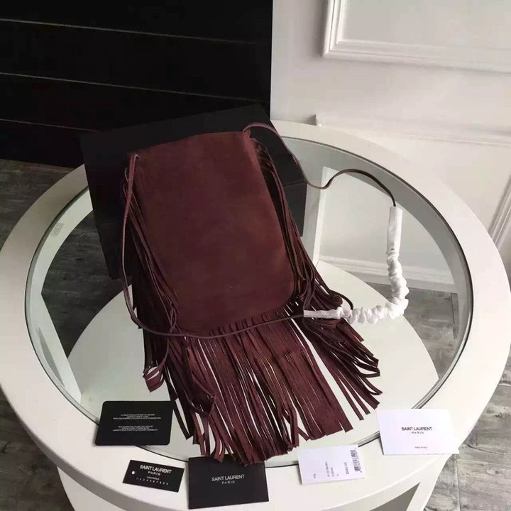Yves Saint Laurent Anita Fringed Flat Bag In Bordeaux Suede Leather