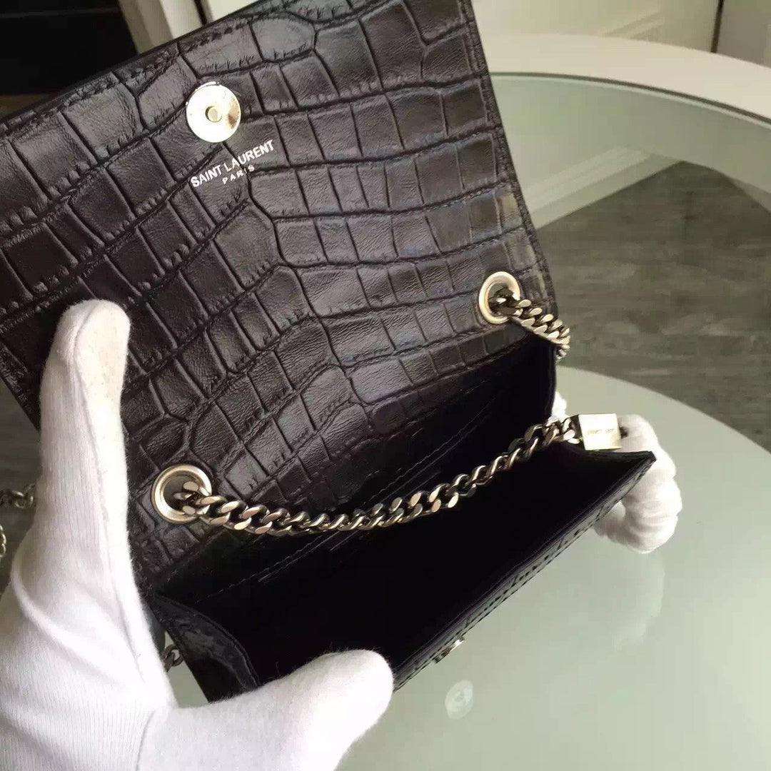 Yves Saint Laurent Small Monogram Satchel Bag In Black Crocodile Leather