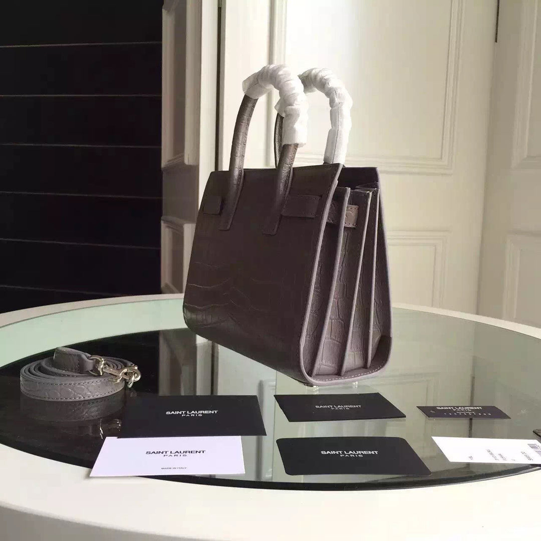 Yves Saint Laurent Nano Sac De Jour Croc Embossed Grey Bag