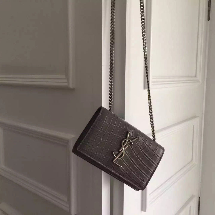 Yves Saint Laurent Small Monogram Satchel Bag In Grey Crocodile Leather