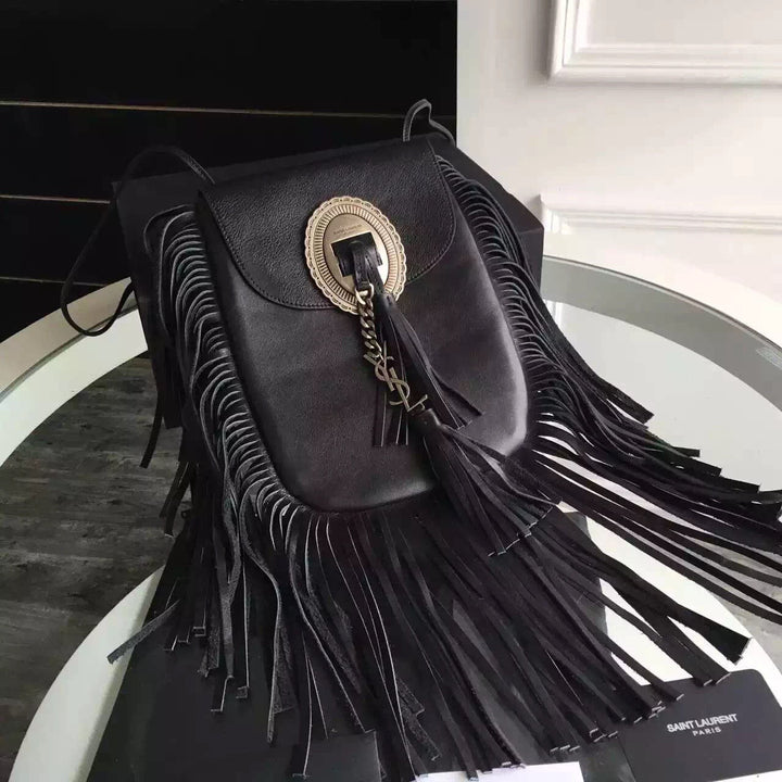 Yves Saint Laurent Anita Fringed Flat Bag In Black Leather