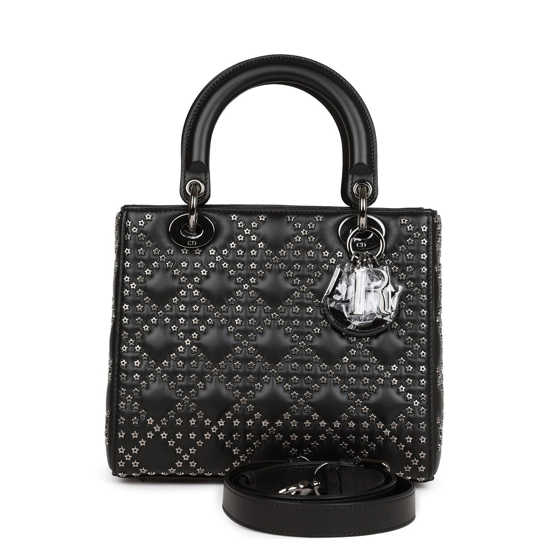 Christian Dior Lucky Star Medium Lady Dior Tote Black Lambskin Ruthenium Hardware