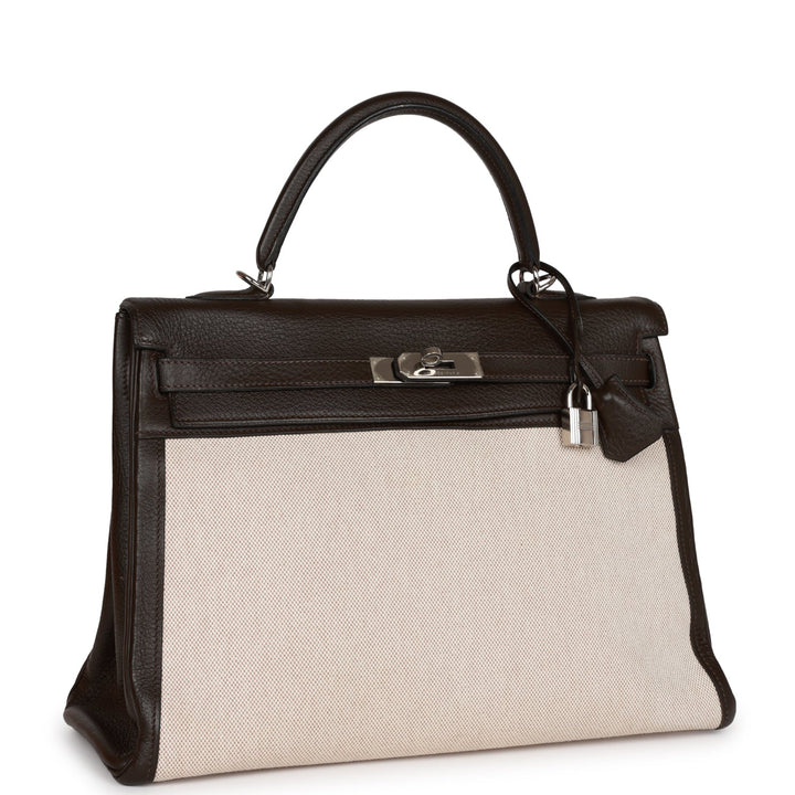 Pre-owned Hermes Kelly Retourne 35 Ebene Clemence and Toile H Palladium Hardware - Payment 1