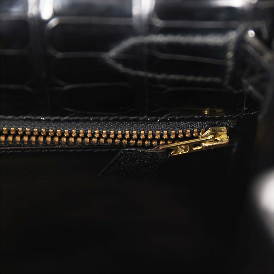 Vintage Hermes Kelly Sellier 32 Black Shiny Niloticus Crocodile Gold Hardware