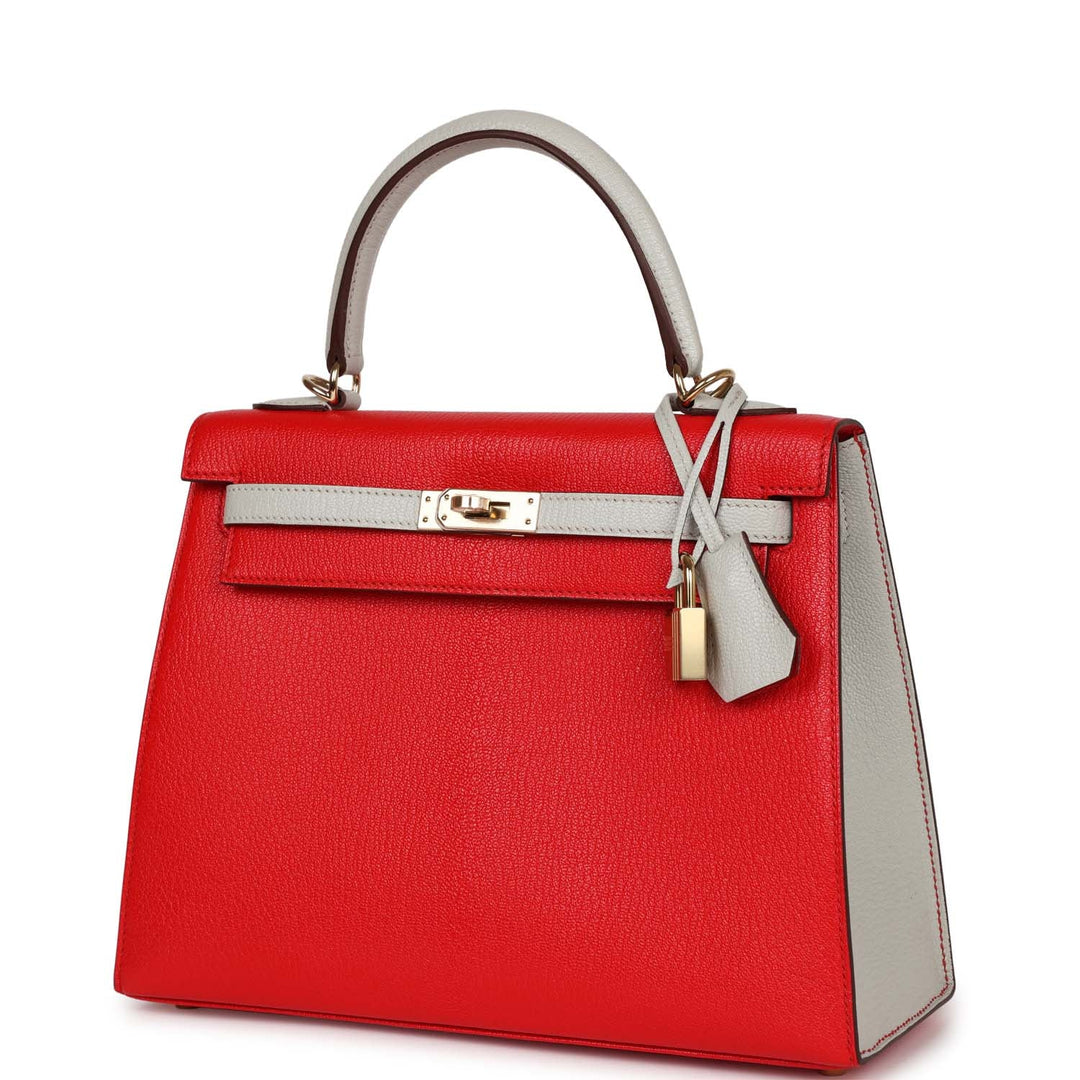 Hermes Special Order (HSS) Kelly Sellier 25 Rouge De Coeur and Gris Perle Chevre Mysore Permabrass Hardware
