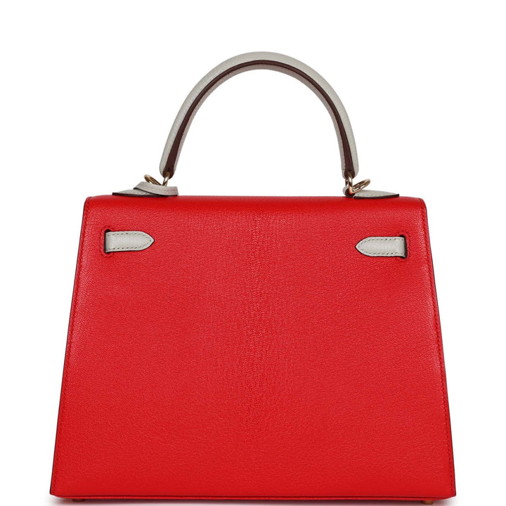 Hermes Special Order (HSS) Kelly Sellier 25 Rouge De Coeur and Gris Perle Chevre Mysore Permabrass Hardware