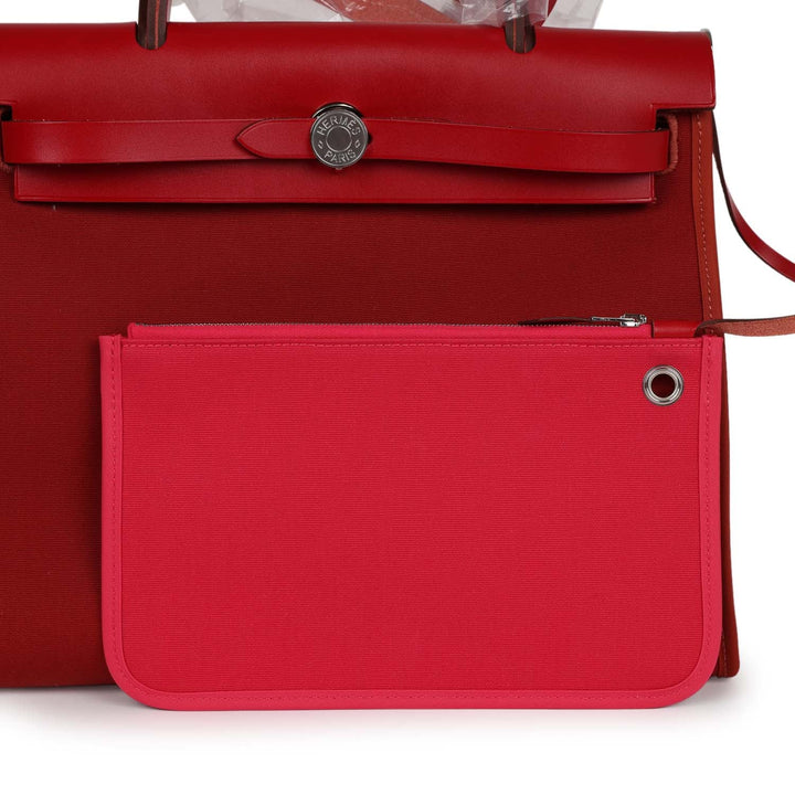 Hermes Herbag Zip 31 Rouge Venetian/Rouge Piment/Rose Extreme Toile H and Vache Hunter Palladium Hardware