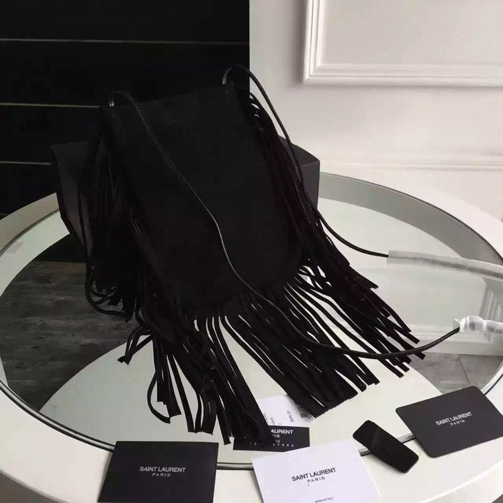 Yves Saint Laurent Anita Fringed Flat Bag In Black Suede Leather