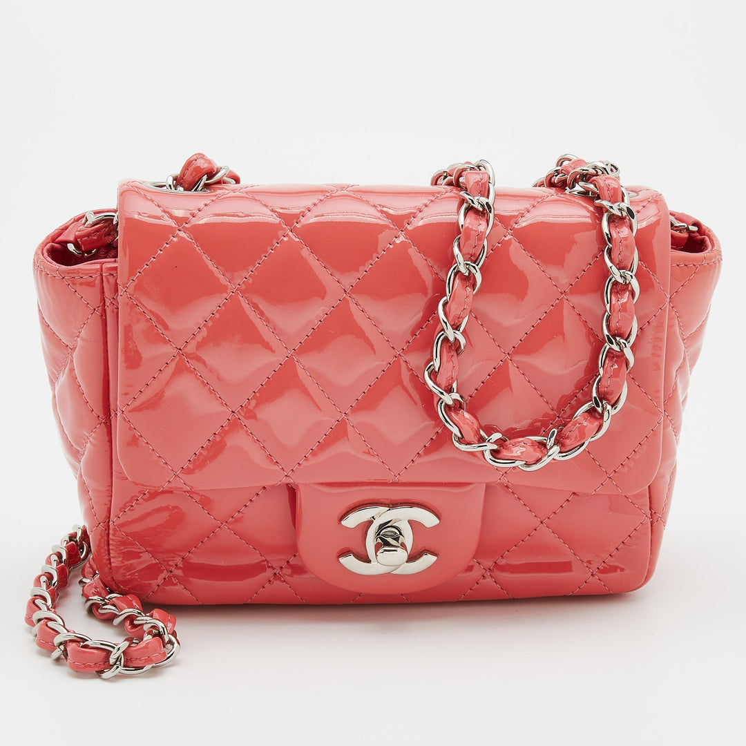 Chanel Coral Quilted Patent Leather Mini Square Classic Flap Bag